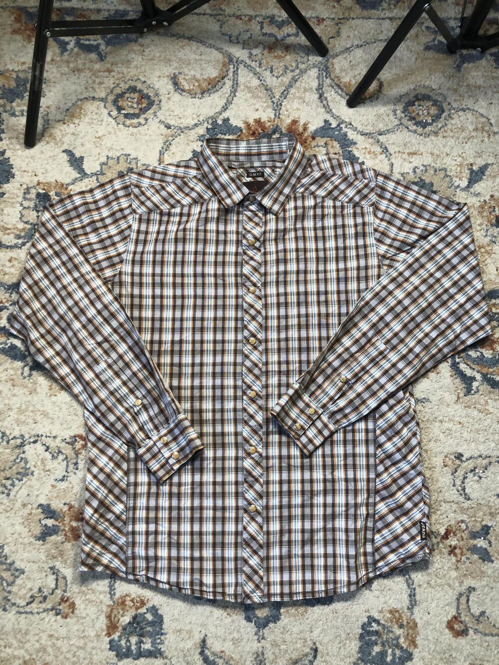 prAna Shirt Mens Large Brown Orange White Plaid Slim Fit Long Sleeve Button Down